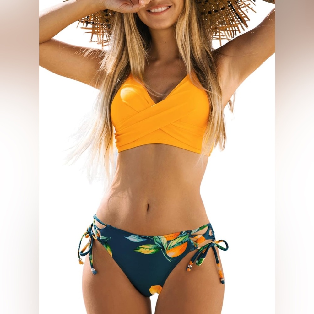 Women's Orange and Blue Floral Bikini